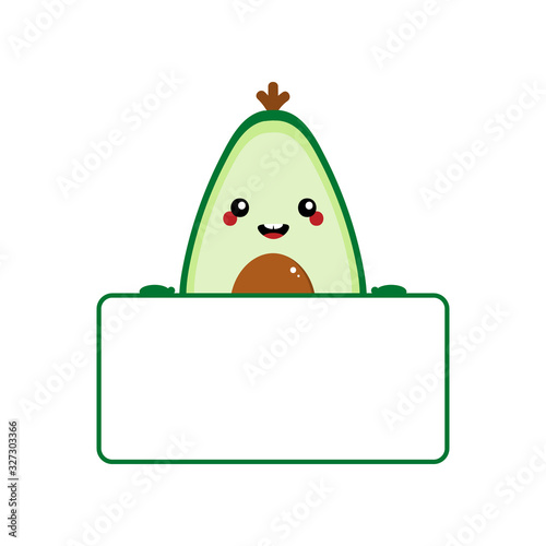 Cute smiling cartoon avocado character holding blank, empty card in hands. 