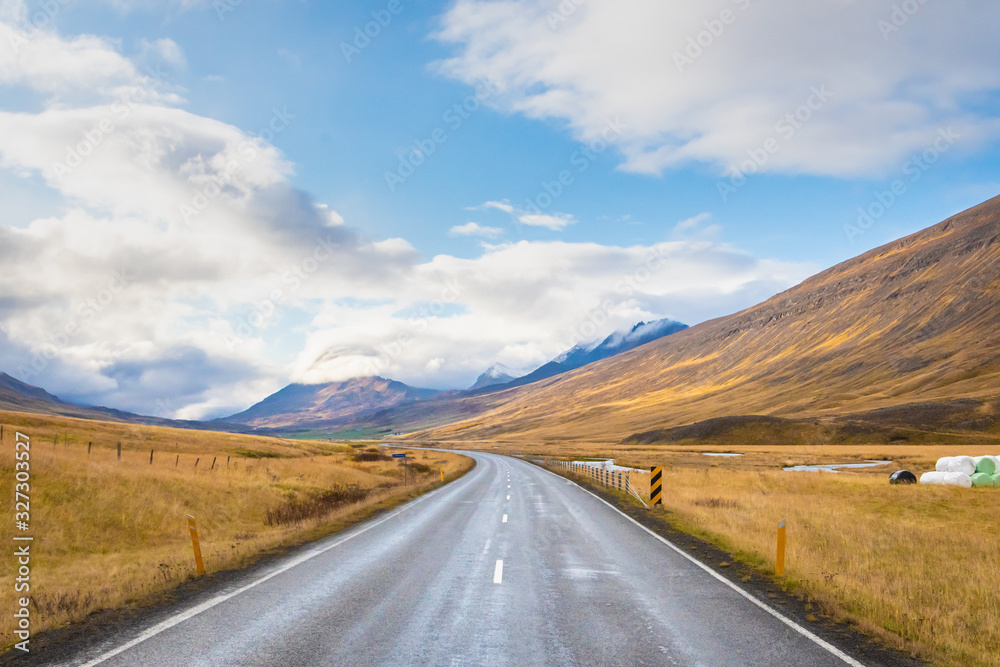 Northern Iceland empty road leading though scenic autumn landscape Northern Iceland empty road leading though scenic autumn landscape