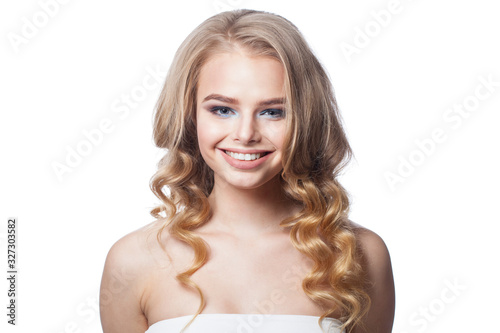 Happy beautiful blonde woman isolated on white background