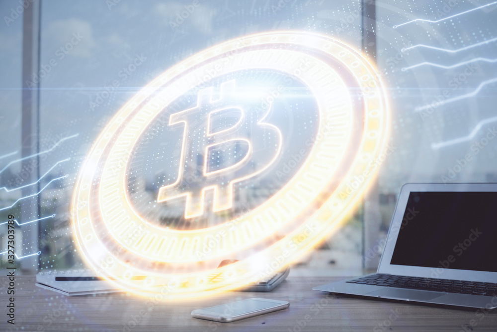 Double exposure of blockchain theme hologram and table with computer background. Concept of bitcoin crypto currency. Double exposure of blockchain theme hologram and table with computer background. Concept of bitcoin crypto currency.