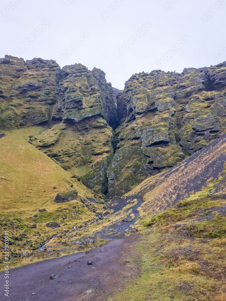 Snaefellsness national park in Iceland Raudfeldsgja gorge deep crack in mountain