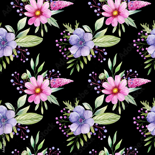 Watercolor Seamless Pattern. Purple and Pink Flowers  Leaves and Berries on a Black Background. Hand Drawn Illustration