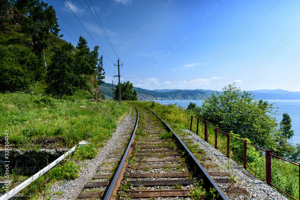 Circum-Baikal railroad on the coast of Lake Baikal.
