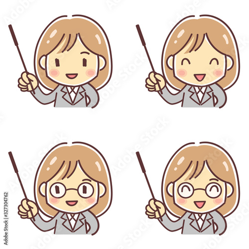 「指示棒を持つ先生風の女性」のデフォルメイラスト（４パターン・通常・眼鏡）