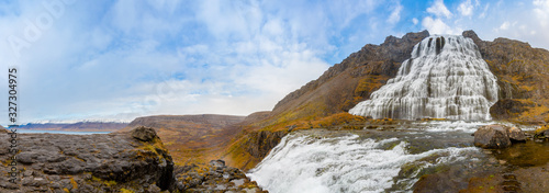 Westfjords of Iceland Dynjandi waterfall panorama of fall during sunny weather