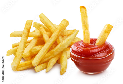Delicious potato fries and tomato ketchup, isolated on white background