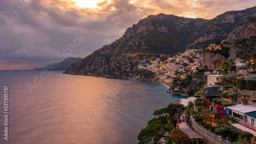 Landscape with Positano town at famous amalfi coast at sunset  Italy