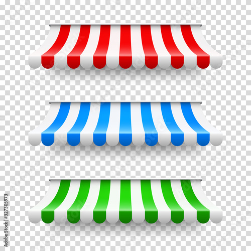 Shop sunshade. Realistic striped cafe awning. Outdoor market tent. Roof canopy. Summer street store. Vector illustration.
