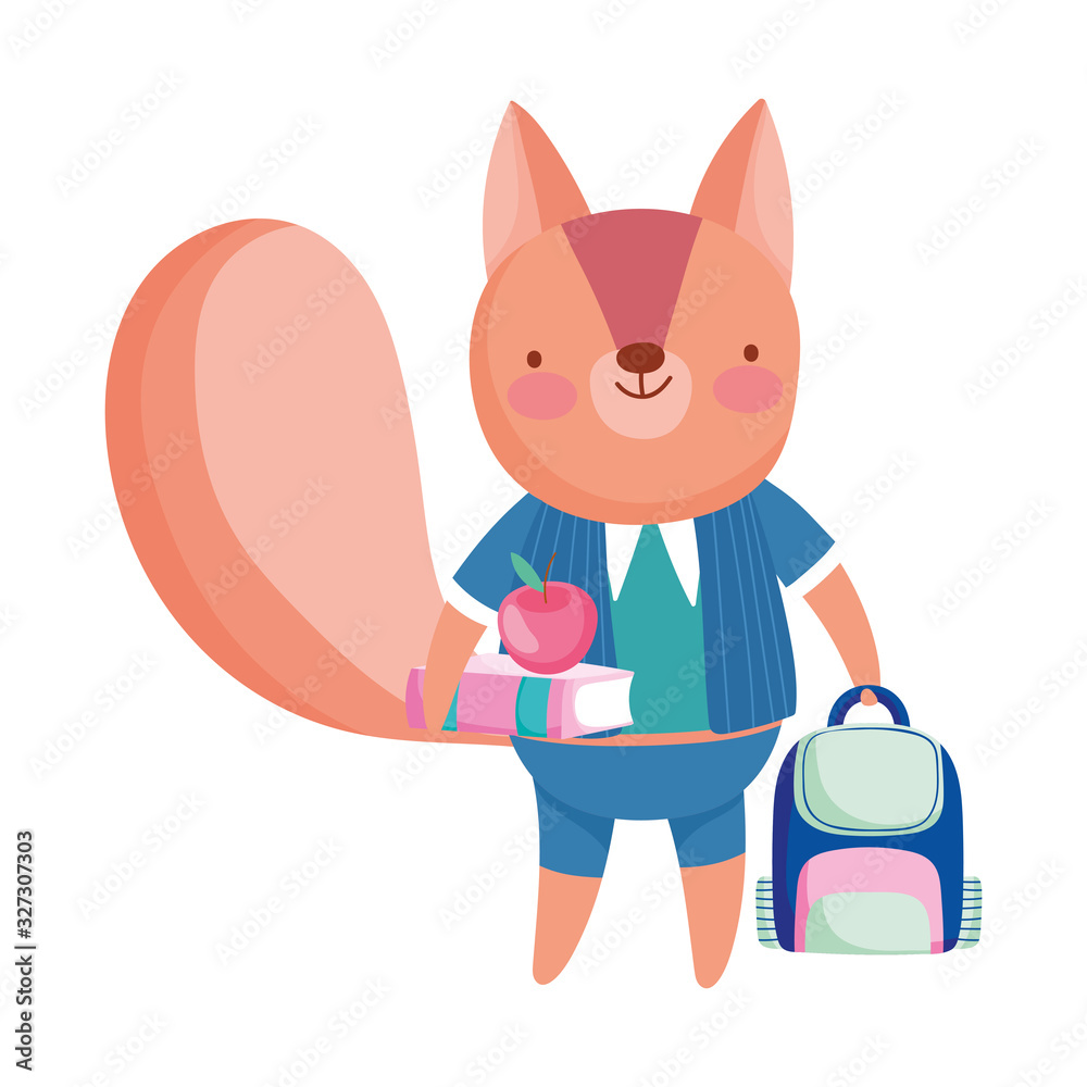back to school, squirrel with book apple backpack cartoon