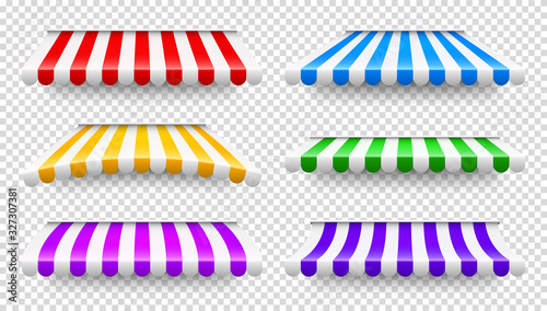 Shop sunshade. Realistic striped cafe awning. Outdoor market tent. Roof canopy. Summer street store. Vector illustration.
