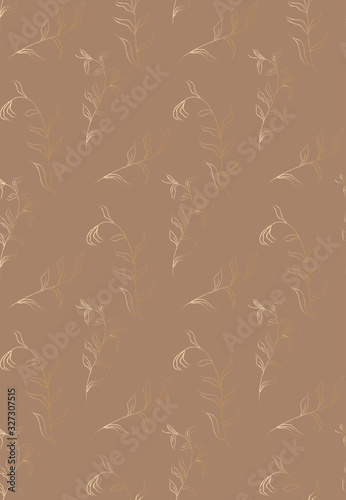 Vector Golden Hand Drawn Line Drawing Doodle Floral Seamless Pattern with Wil...