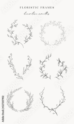 Collection of delicate line drawing vector floral wreaths frames. hand drawn delicate flowers, branches, leaves, plants, herbs. Botanical illustration. Leaf logo. Wedding invitation stationary