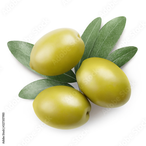 Delicious green olives with leaves, isolated on white background, top view