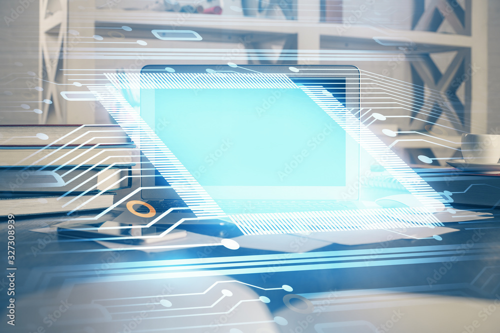 Technology theme drawing and work space with computer. Double exposure. Concept of innovation. Technology theme drawing and work space with computer. Double exposure. Concept of innovation.