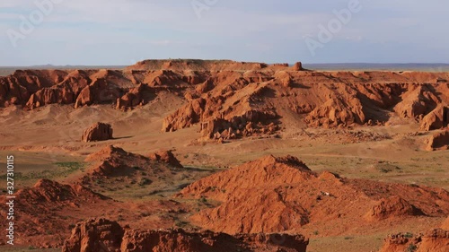 Bayanzag flaming cliffs at sunset in Mongolia, found in the Gobi Desert, zoom in view 4k photo