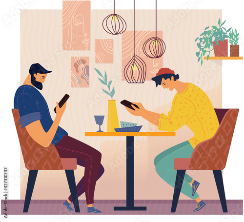 People using Smartphone in cafe. Phone addict and social media concept. flat character design vector illustration photo