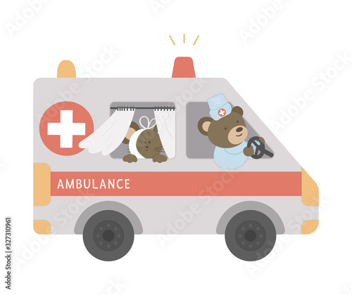 Vector ambulance with cute animals inside. Bear doctor driving emergency car with ill mouse. Funny special medical transport illustration for kids..