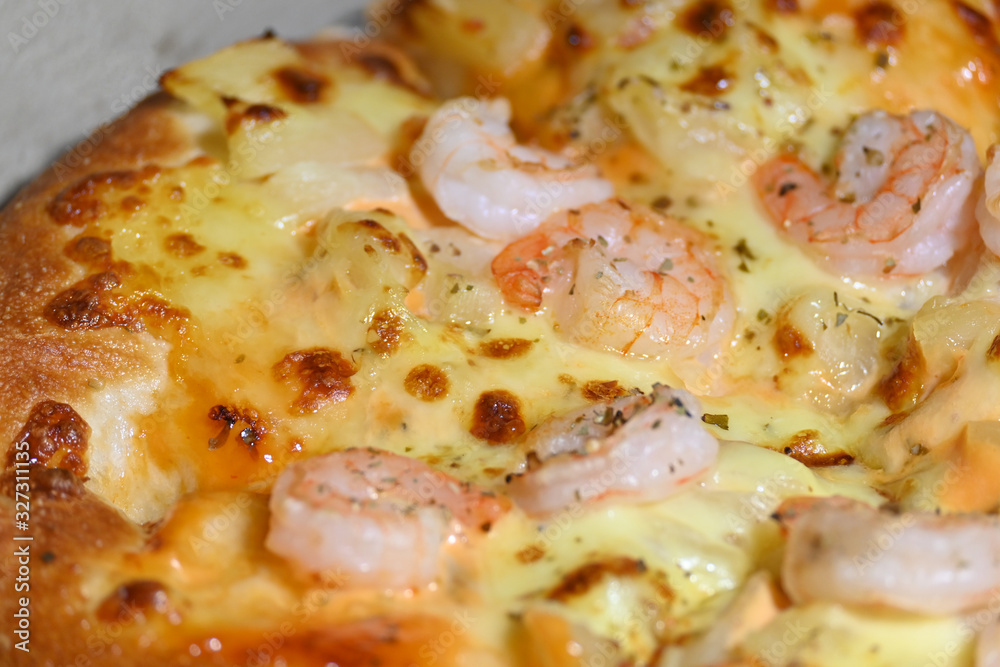 italian pizza cheese with pineapple and shrimp topping sea food italian pizza cheese with pineapple and shrimp topping sea food