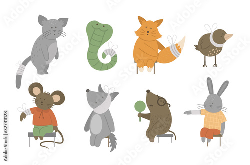 Set of vector animals with different illnesses. Cute funny ill characters. Patients with bandages and plasters. Medical picture for children. Hospital illustration isolated on white background. .