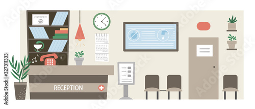 Vector hospital reception. Empty clinic corridor with doctor office, chairs, counter. Medical interior flat illustration. Health care concept.