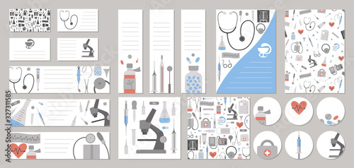 Set of vector medicine business card, tags, labels, pre-made designs, bookmarks with cute cartoon medical elements. Health care flat illustration. Brochure, flyer, banner templates..