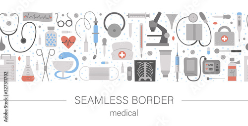 Vector seamless pattern brush with flat medical icons. Medicine or health insurance, research border background. Healthcare and laboratory equipment horizontal digital paper. .