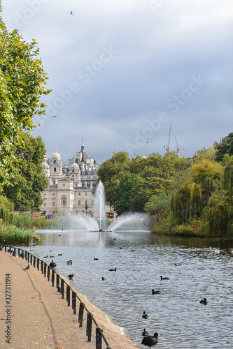 2014-09-26. United Kingdom. London. Fountain on the pond in Hyde Park.