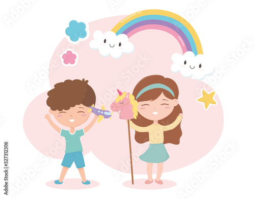 kids zone, cute little boy and girl with plane and horse stick toys