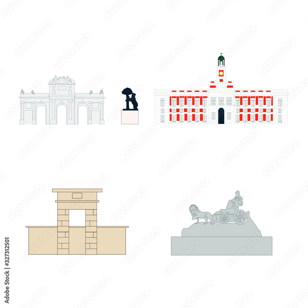 Madrid city buildings and monuments on white background