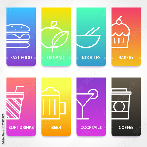 Set of restaurant brochure cover templates. Food and drink vivid gradient banners with line icons. Vector illustration suitable for web or print design, presentation, marketing materials and ads.