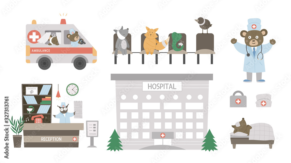 Vector medical set with animals. Cute funny hospital building, ambulance car, reception hall, doctor, patients isolated on white. Health care concept for children..