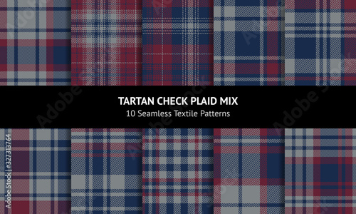 Tartan plaid pattern set. Seamless dark check plaid graphics in navy blue, bordo red, and grey for scarf, flannel shirt, blanket, throw, upholstery, or other modern autumn and winter fabric design.