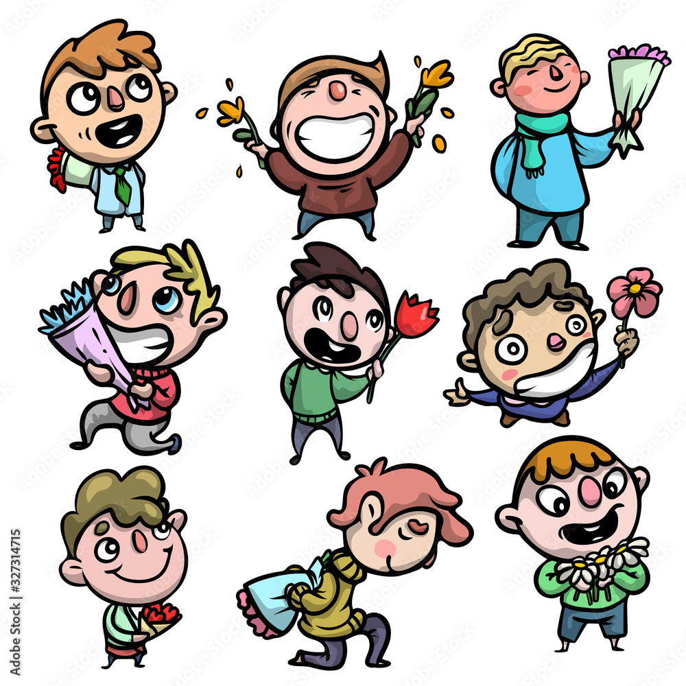 Set of happy smiling boys with colorful flowers bouquet Set of happy smiling boys with colorful flowers bouquet