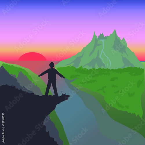 vector illustration of a man standing on a cliff and looking at a mountain, river and forest at sunset