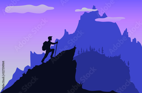 vector illustration of a alpinist climbing a mountain peak