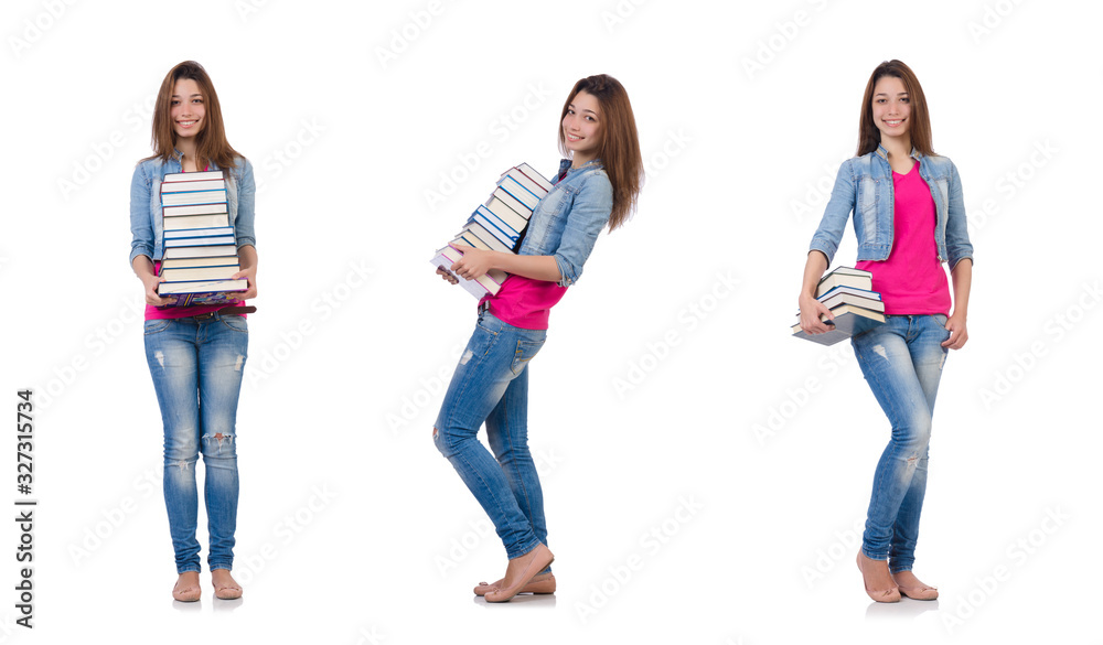 Obraz premium Student girl with books on white