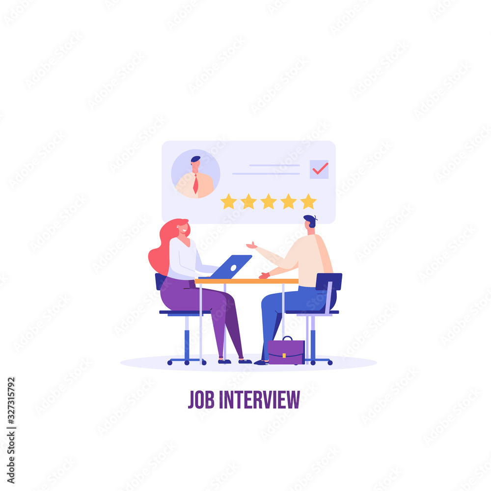 Job interview concept. Employee candidate with good resume. Recruitment or headhunting agency. Concept of recruitment, headhunting, employment. Vector illustration for UI, web banner, app