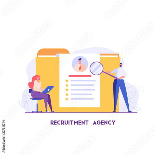 People choose and analyze job candidates with good feedback. Recruitment or headhunting agency. Concept of recruitment, headhunting, employment. Vector illustration for UI, web banner, app