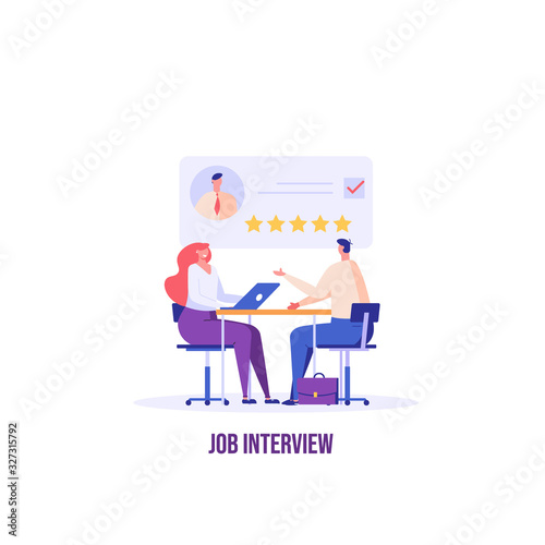 Job interview concept. Employee candidate with good resume. Recruitment or headhunting agency. Concept of recruitment, headhunting, employment. Vector illustration for UI, web banner, app