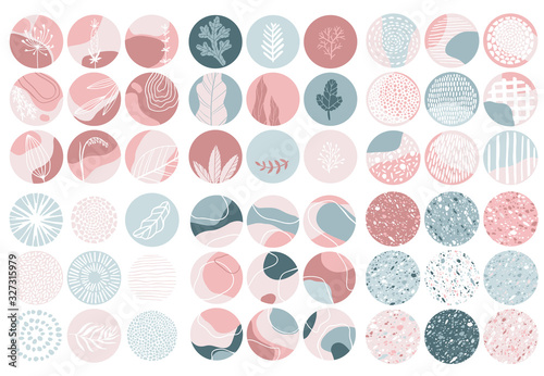  Covers. Minimalistic large set of abstract patterns with floral elements, patterns and stamps in a pastel pink and blue palette. Isolated vector background image in a circle on a white background