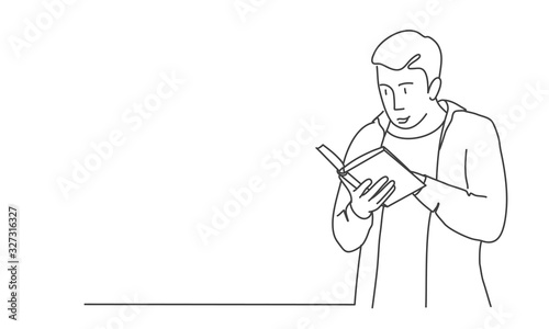 Man or student looks at the book. Hand drawn vector illustration.