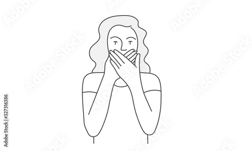 Girl covered her mouth  with her hands. Hand drawn vector illustration.