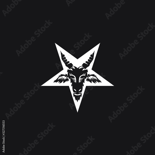 Satanic goat head on pentagram. Baphomet. Illustration for tattoo, print, emblem.