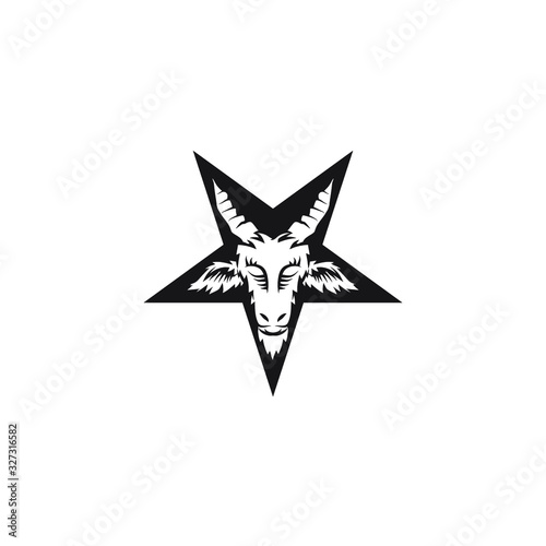 Satanic goat head on pentagram. Baphomet. Illustration for tattoo, print, emblem.