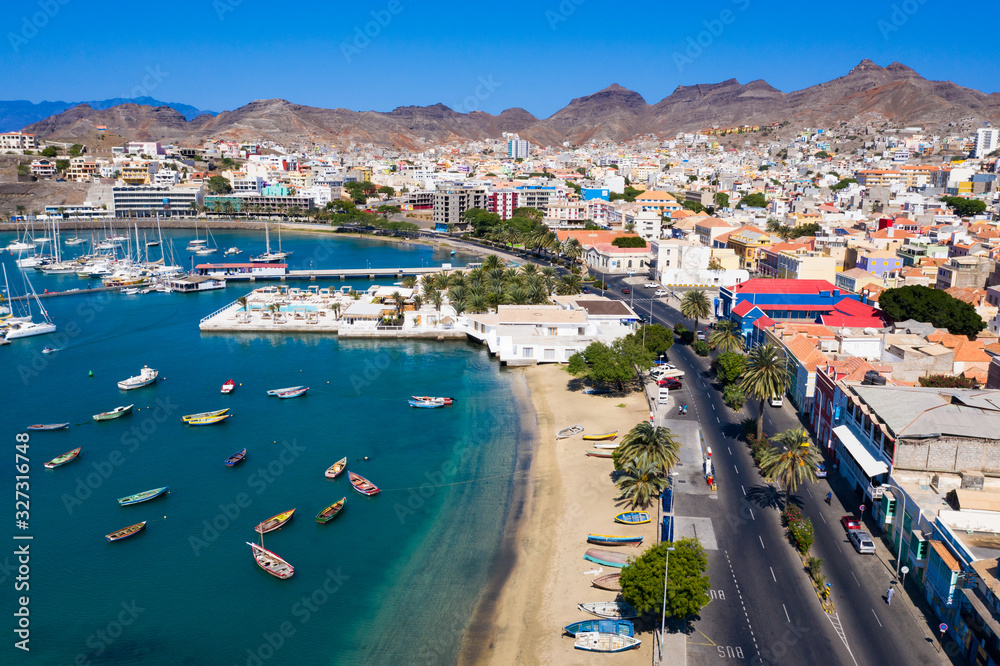 Aerial view of Mindelo Marina in Sao Vicente Island in Cape Verde
