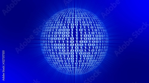 Sphere of binary code with shining reflections on blue background - 3D illustration