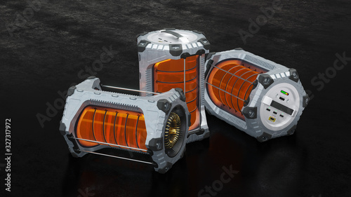 Three SciFi Hexagonal Batteries with an orange translucent cylinder