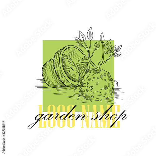 Garden shop logo in engraving vintage style. Stock label with little tree near the flowerpot. Isolated on white.