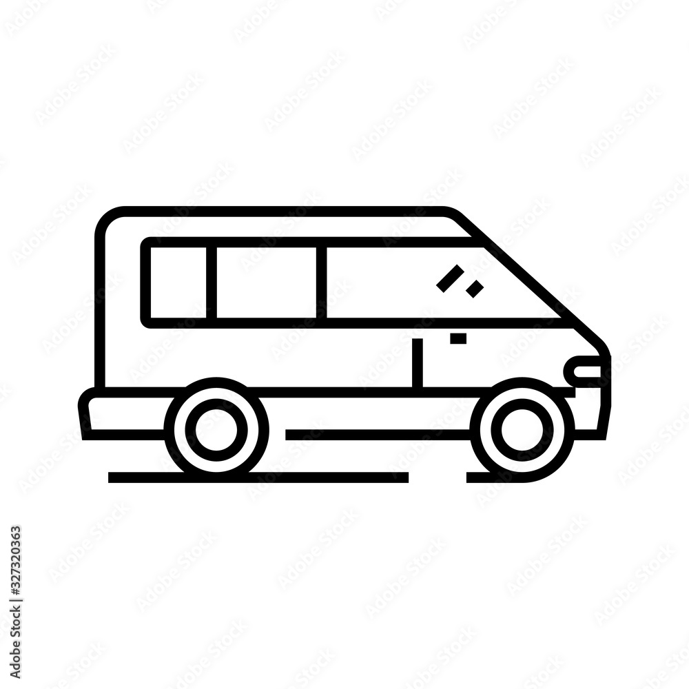 Minivan driving line icon, concept sign, outline vector illustration, linear symbol. Minivan driving line icon, concept sign, outline vector illustration, linear symbol.