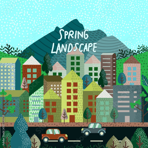 Cartoon Vector illustration in simple minimal geometric flat style - city landscape with buildings, hills and trees